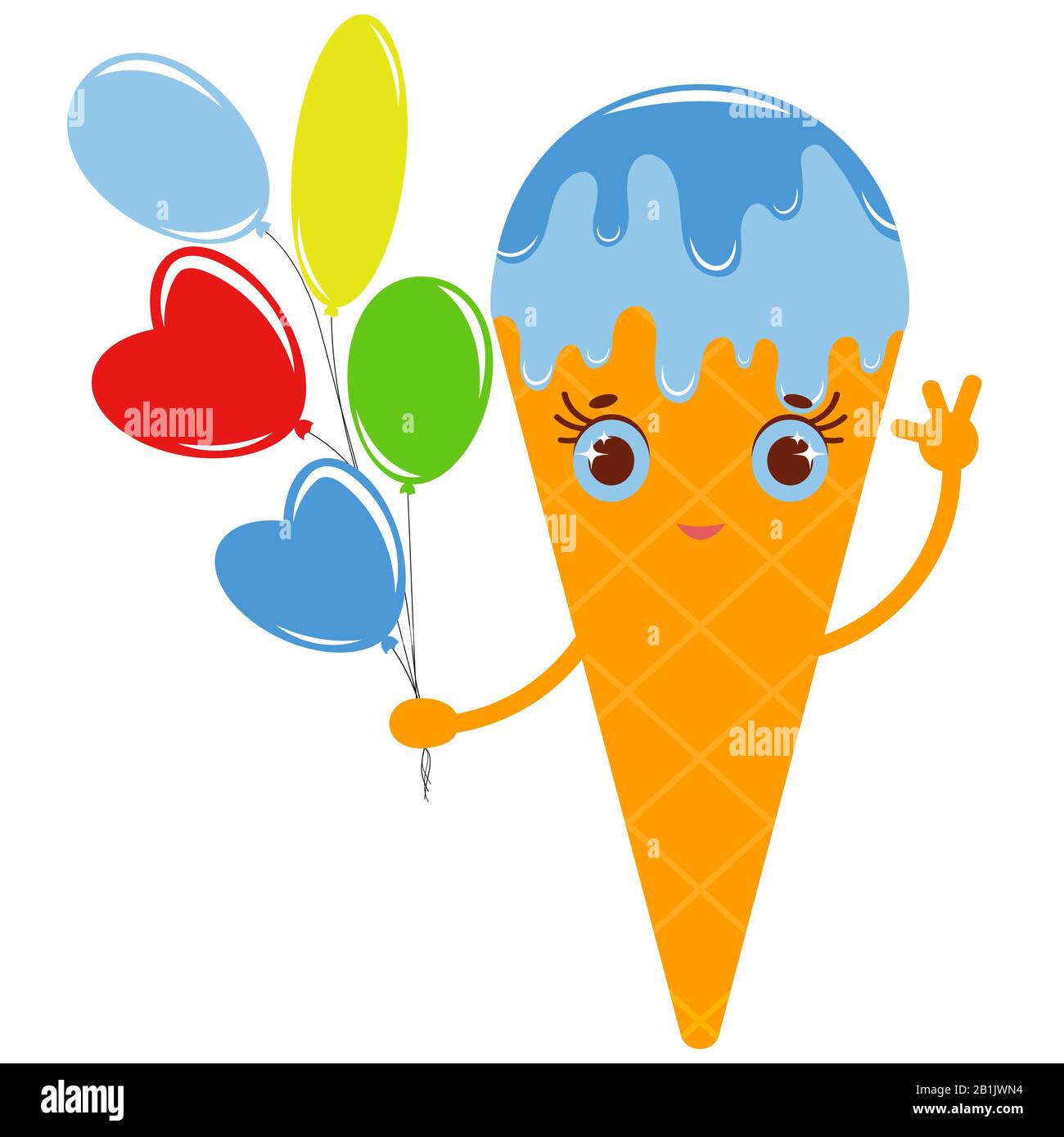 Orange cartoon waffle cone ice cream with colorful balloons of different shapes. Flat colored drawing on a white background. Stock Vector