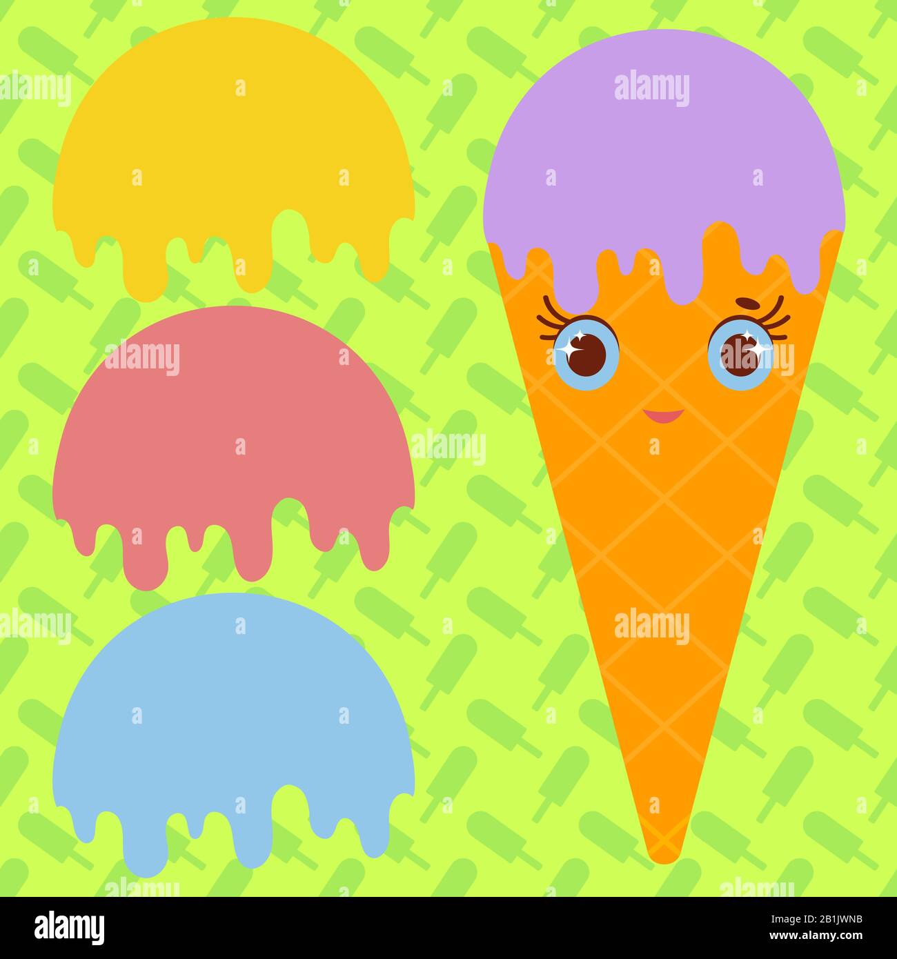 Set ice cream balls of yellow, red, purple, blue. Orange cartoon waffle cone smiles. Flat coloured pattern on light green background. Stock Vector
