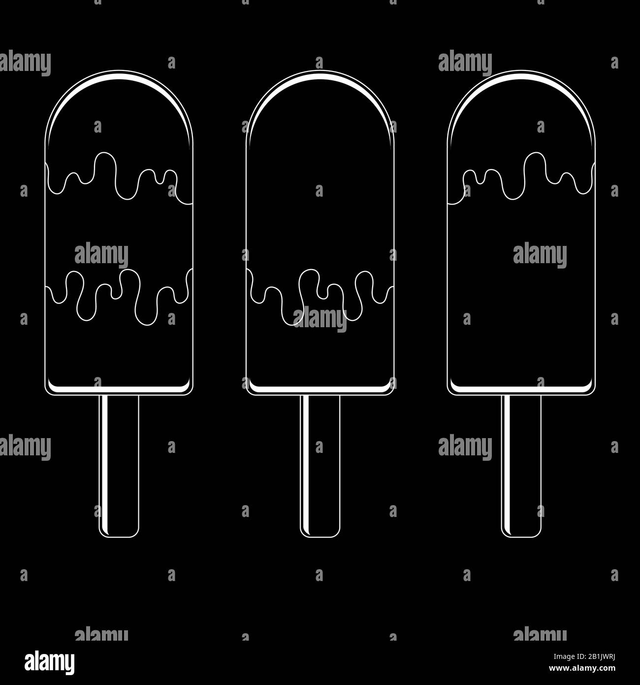 A set of flat black isolated silhouettes of ice-cream drizzled with glaze. On wooden sticks. On a transparent background. Drawing with a white stroke Stock Vector