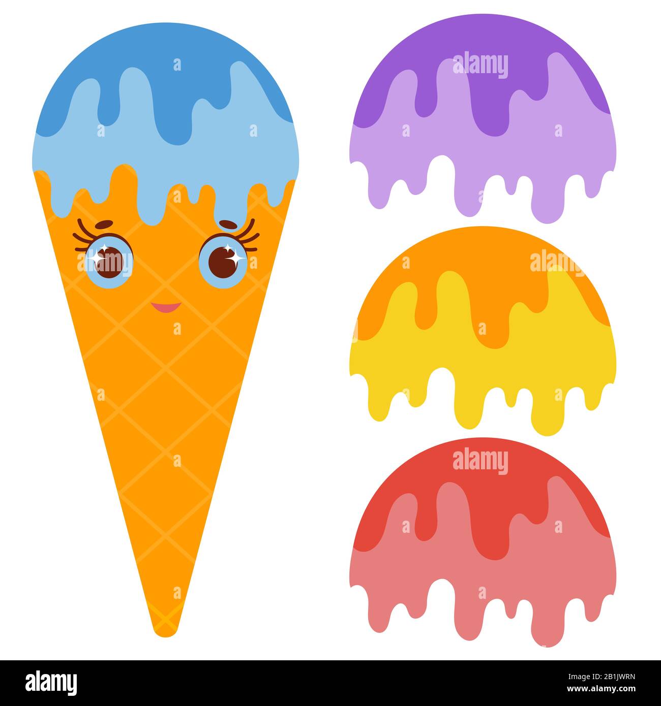 Set ice cream balls of yellow, red, purple, blue. Drizzled with glaze. Orange cartoon waffle cone smiles. Flat colored drawing on a white background. Stock Vector