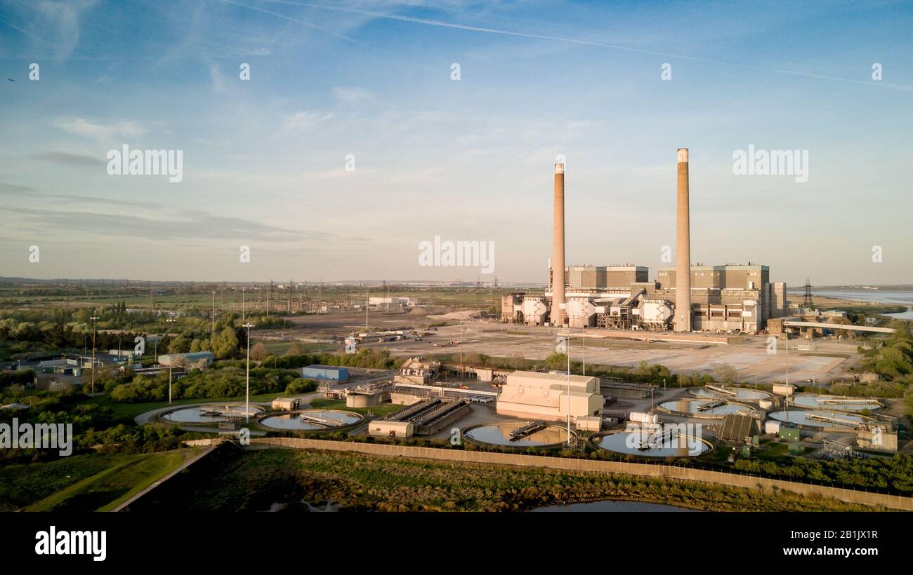 Tilbury Power Stations, Essex, UK. An aerial view of the decommissioned Tilbury A and B fossil fuel power stations east of London, England. Stock Photo