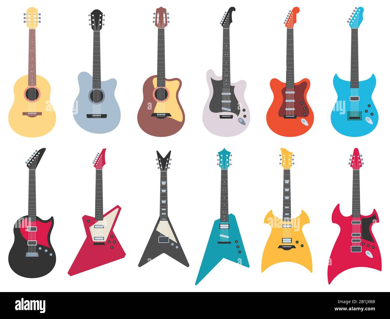Flat guitars. Electric rock guitar, jazz metal strings music instruments flat vector illustration set Stock Image & Art - Alamy
