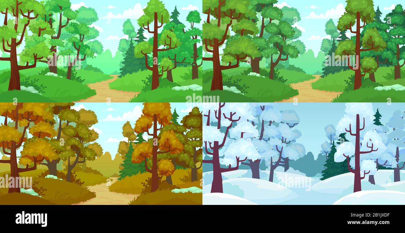 Forest path. Spring and summer trees, autumn leaves and winter forest trees. Four seasons landscape cartoon vector illustration Stock Vector