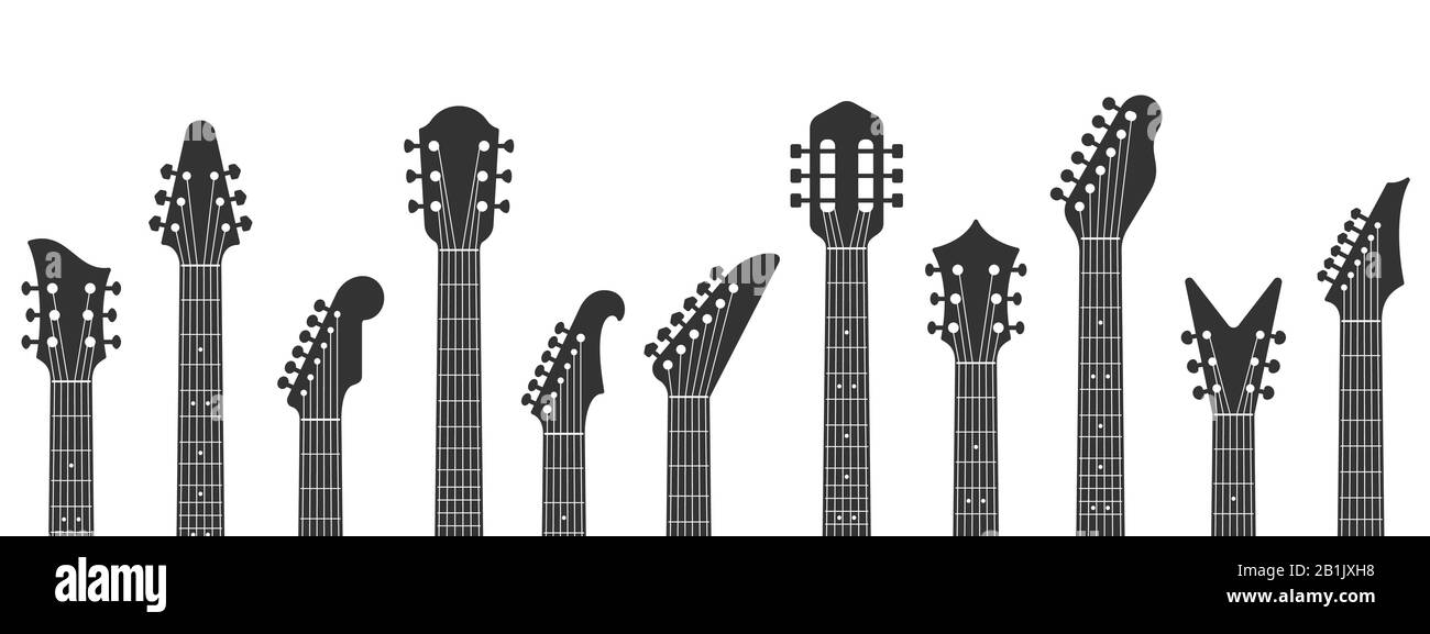 Guitar headstocks. Guitars necks, rock music and guitar peghead with tuning pegs vector illustration Stock Vector