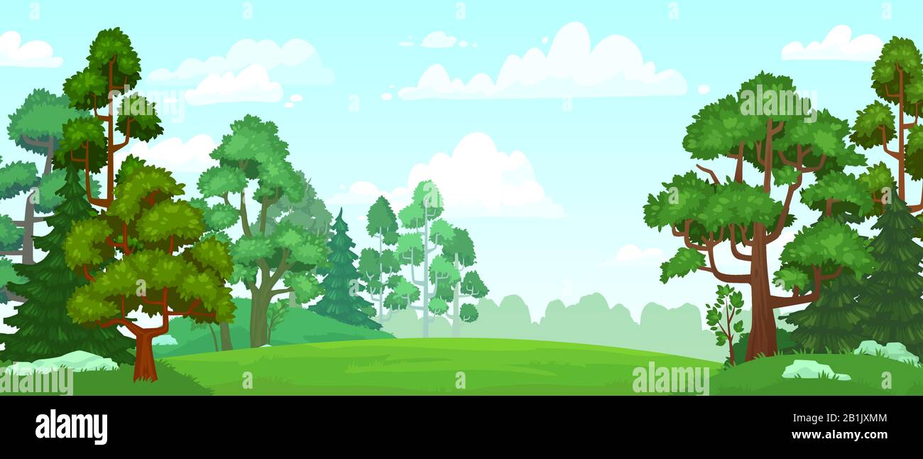 Cartoon forest glade. Green grassland, natural thriving forest field landscape and summer sky with clouds vector background illustration Stock Vector