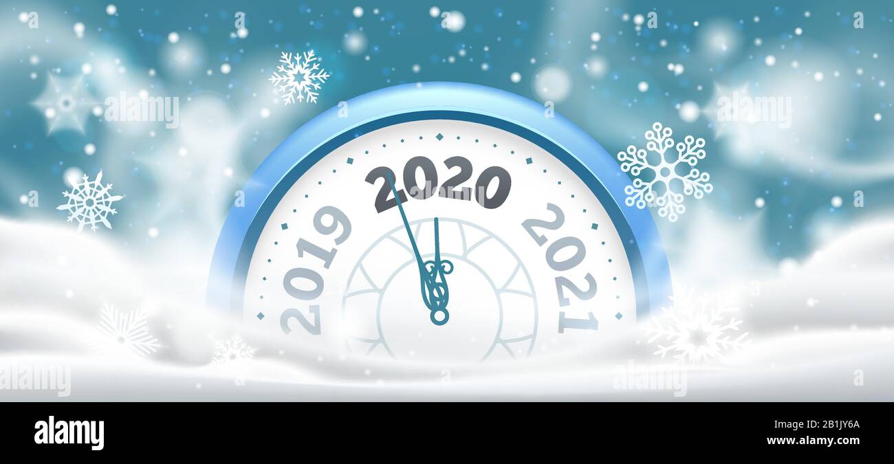 New Year winter clock. Celebration 2020 countdown in snow, holiday clocks vector illustration