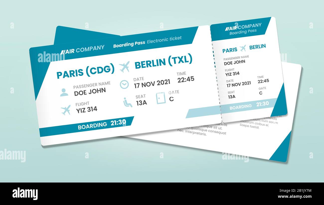Two airline tickets. Airplane boarding ticket with passenger name, airlines flight invitation