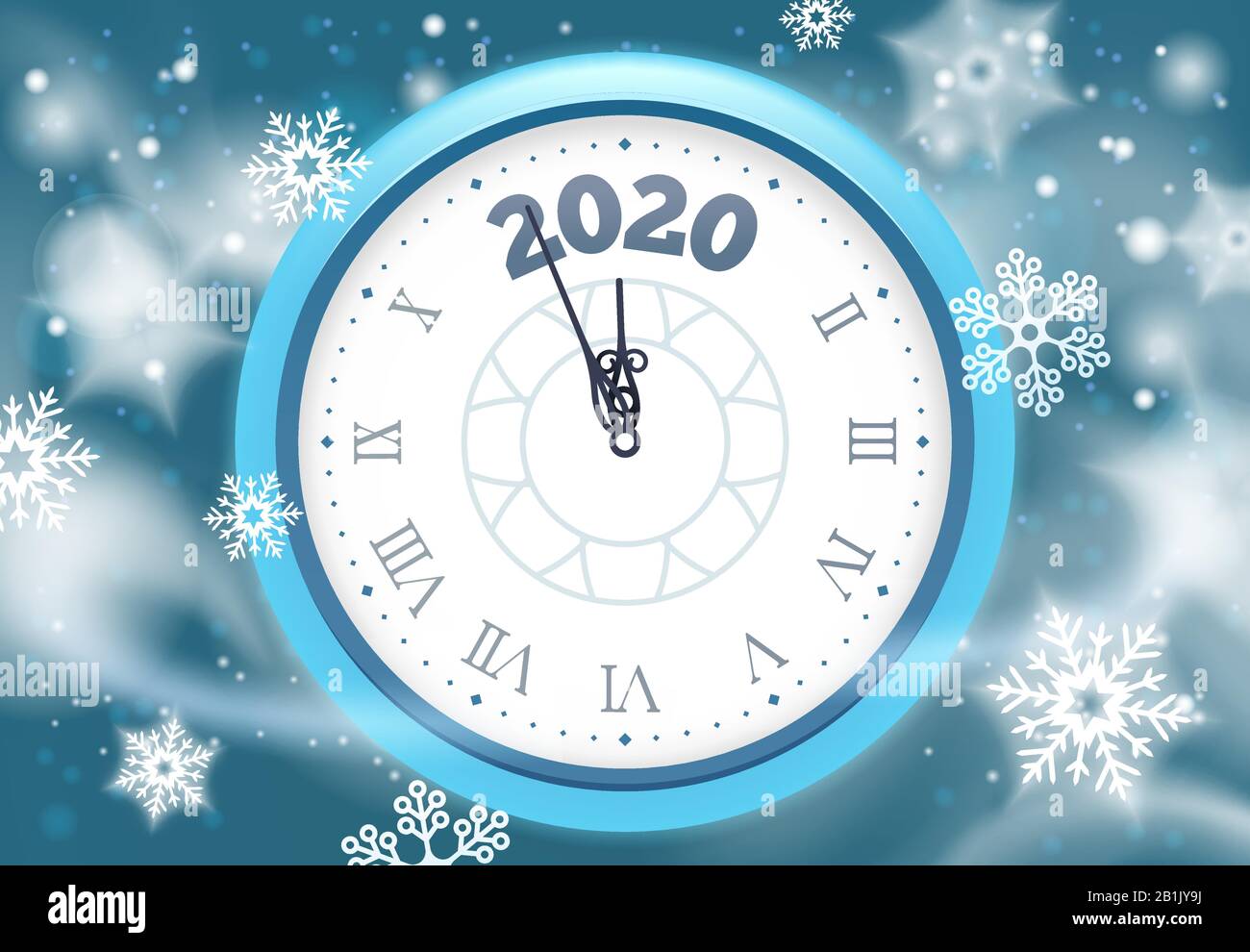 New 2020 Year snow poster. Winter holidays countdown clock with snowflakes, vintage clocks