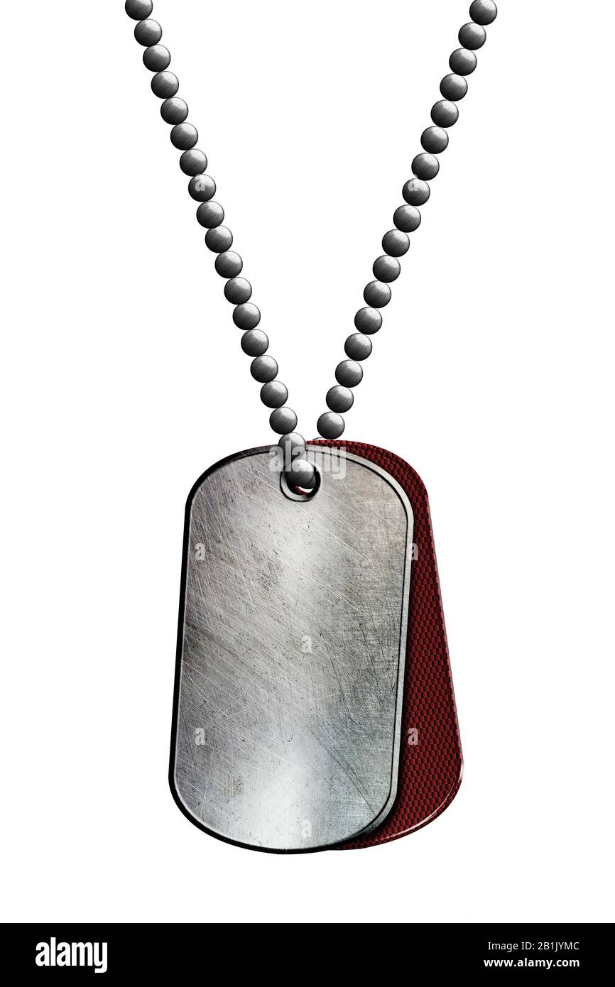 red and chrome metal tag and necklace. isolated with clipping path. 3d illustration. Stock Photo