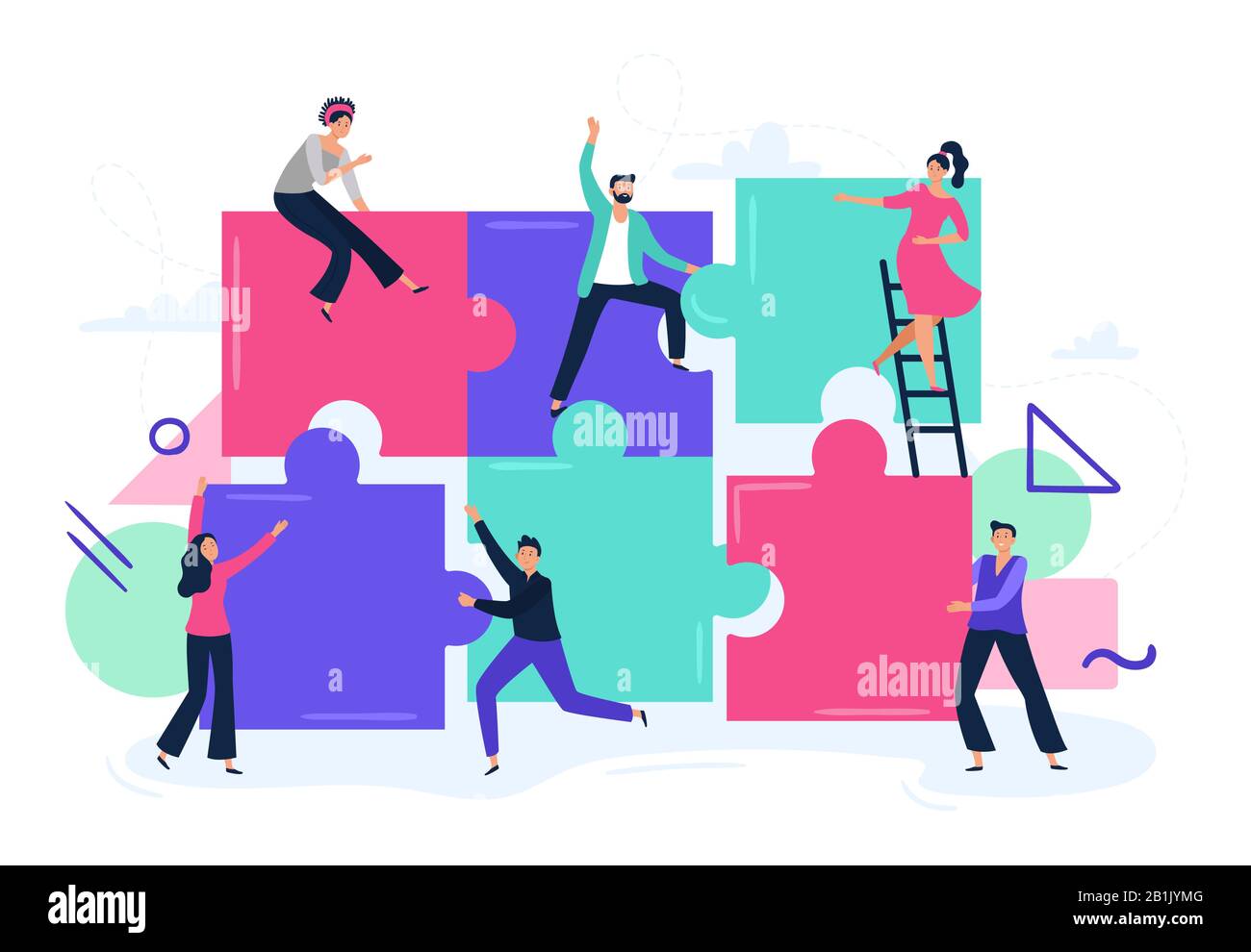 Puzzle teamwork. People work together and connect puzzle pieces, business office workers team