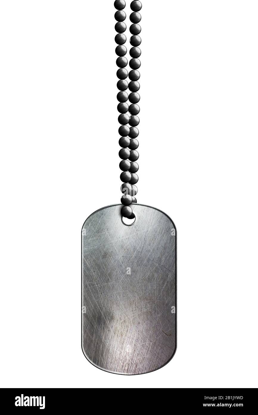chrome metal tag and necklace. isolated with clipping path. 3d illustration. Stock Photo