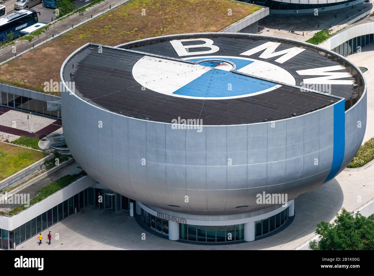 Munich, Germany – July 1, 2016. Aerial view of the BMW Museum in Munich, with people. Stock Photo