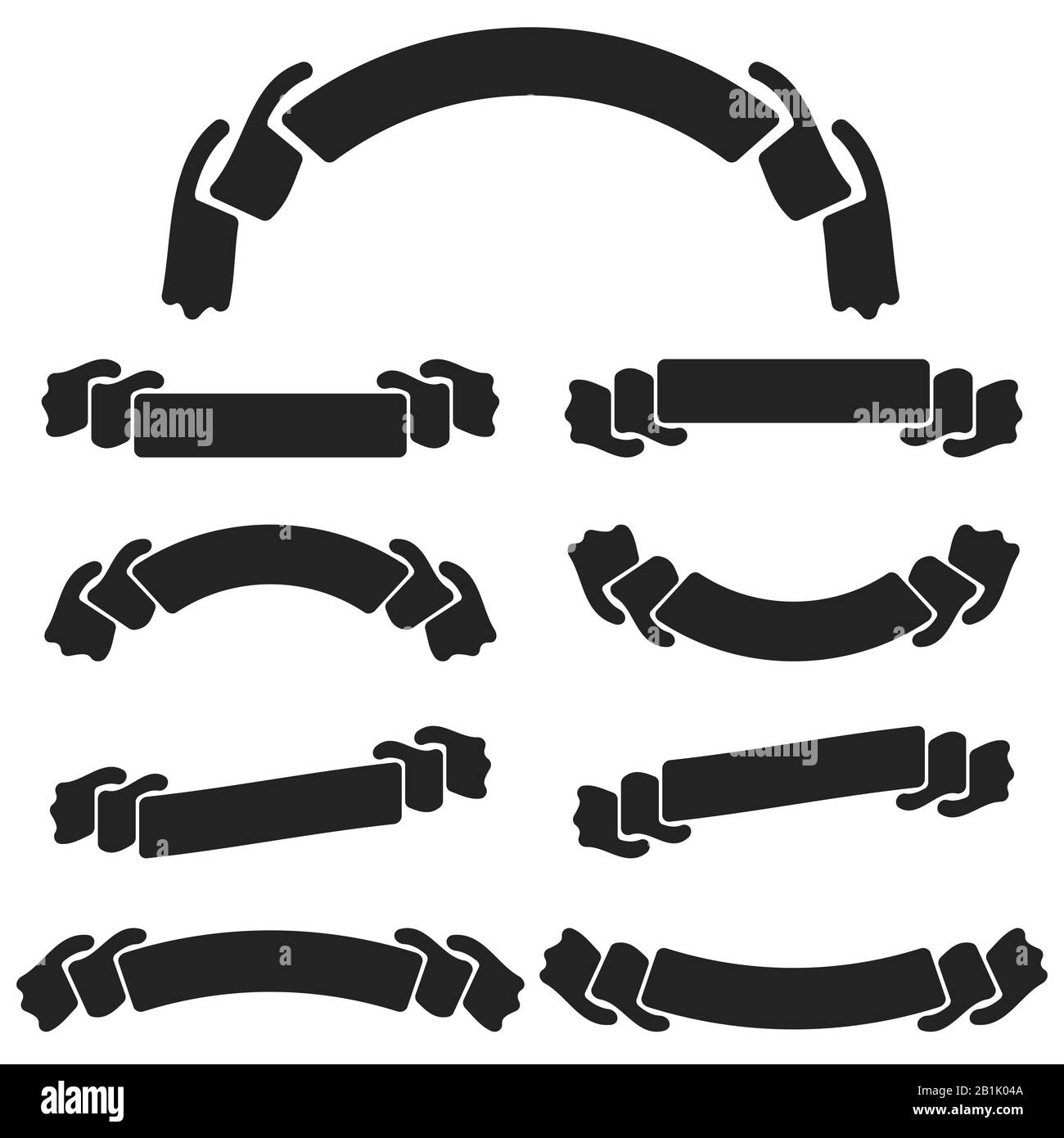 A set of flat black isolated silhouettes of strips of banners on white ...