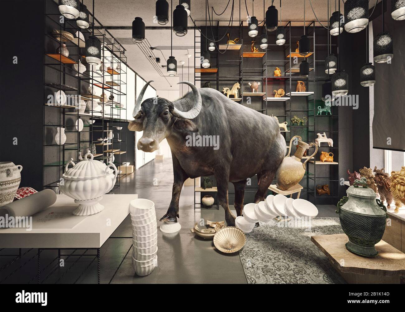 bull in a China shop. Photo and media mixed creative concept Stock Photo