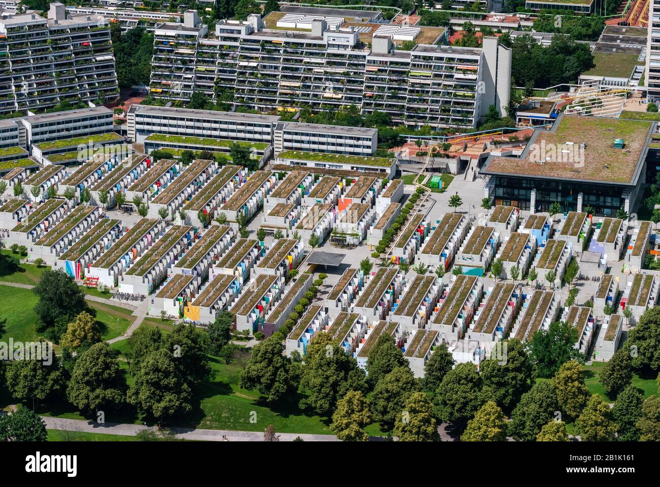 Munich, Germany – July 1, 2016. Aerial view over Olympic Village (Olympisches Dorf) in Munich, in summer. Stock Photo