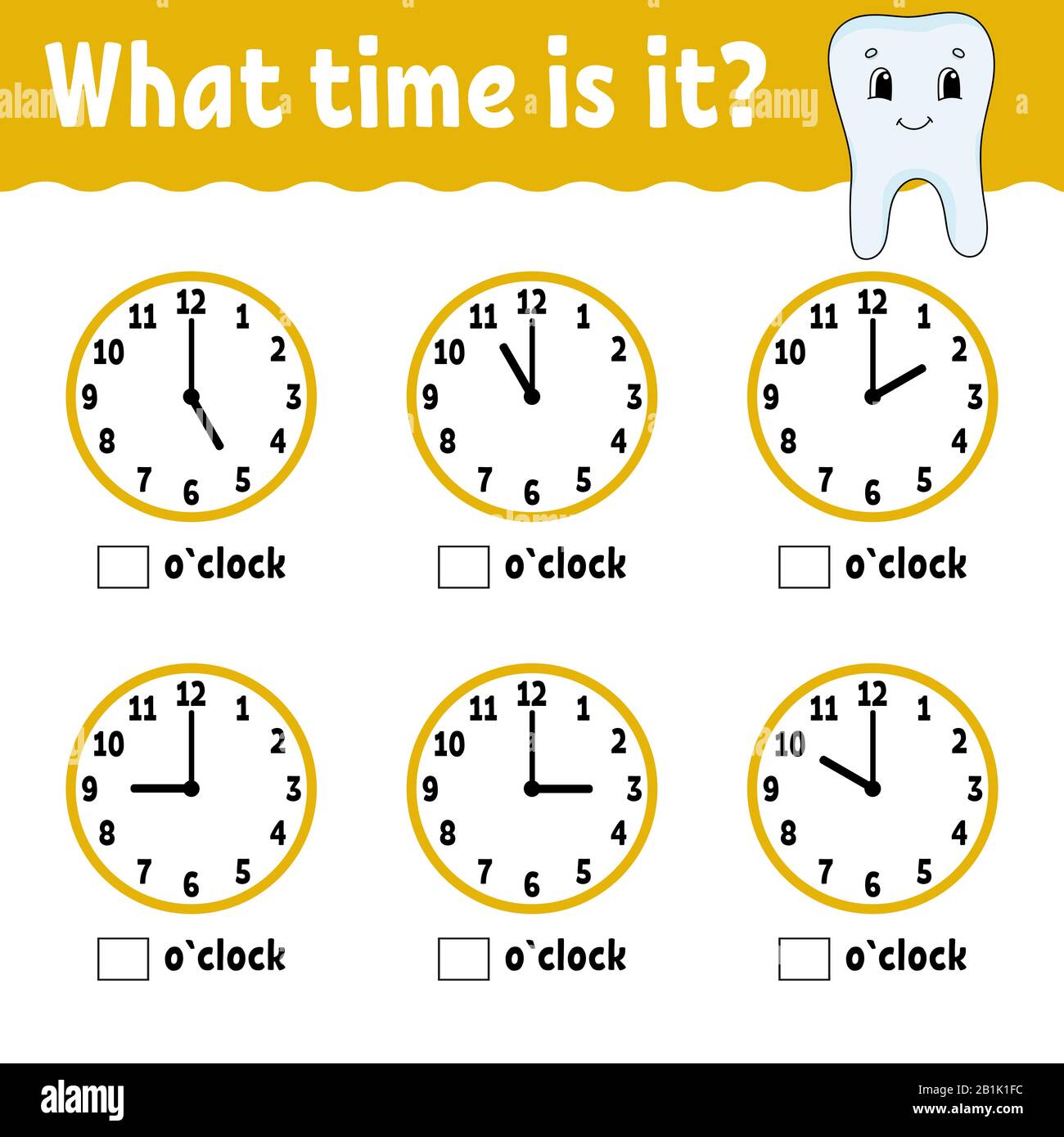 Learning time on the clock. Educational activity worksheet for kids and toddlers. Game for children. Simple flat isolated vector illustration in cute Stock Vector