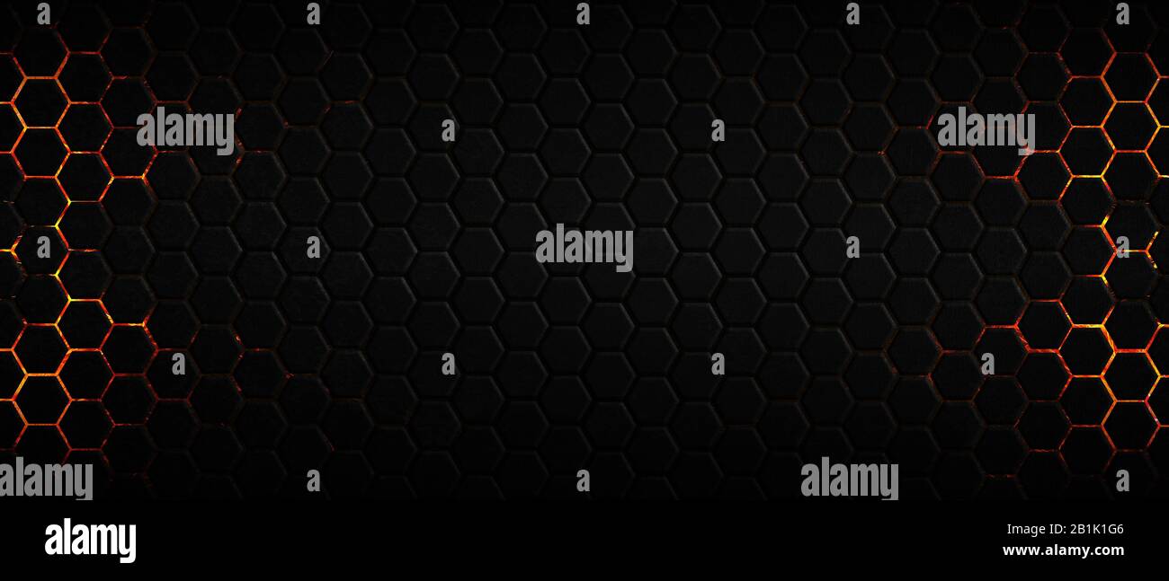 dark hexagon background and red light with real texture. 3d ...