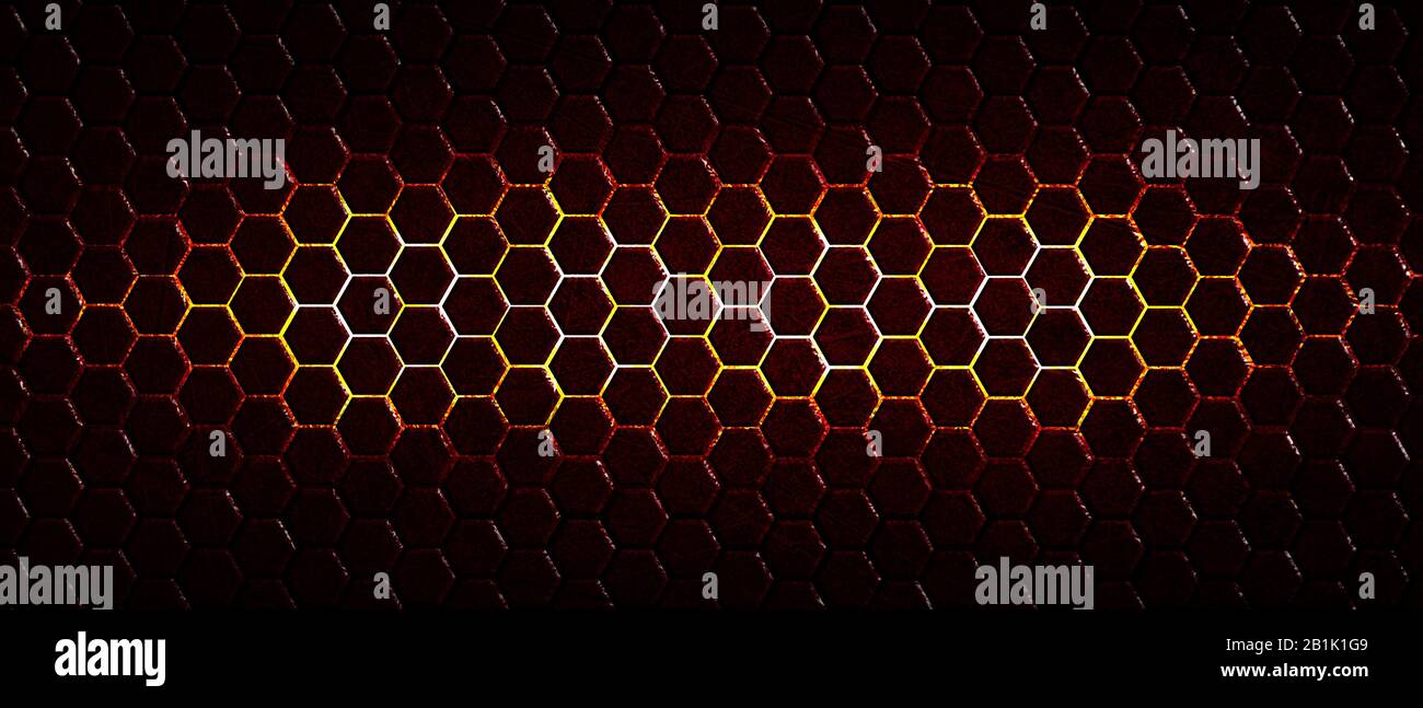dark hexagon background and red light with real texture. 3d ...