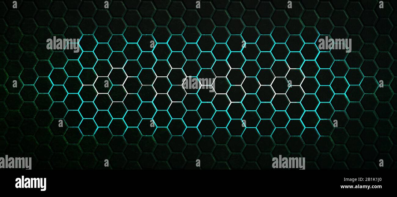 dark green hexagon background and blue light with real texture. 3d illustration. Stock Photo