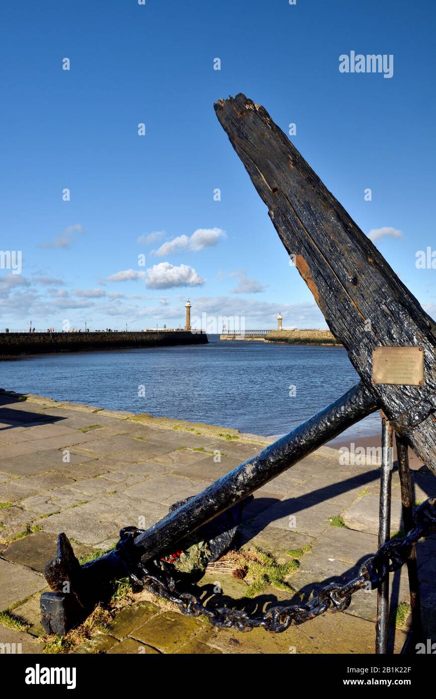 Old ships anchor on tate hill pier,Whitby,North Yorkshire,England,UK Stock Photo