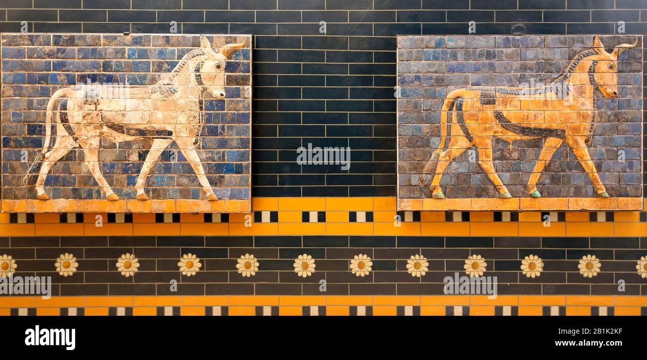 Aurochs (bulls). Ishtar gate. Babylon. Neo-Babylon. 604-562 BC. Glazed Brick. Iraq. Istanbul Archaeoligical Museum. Turkey. Stock Photo