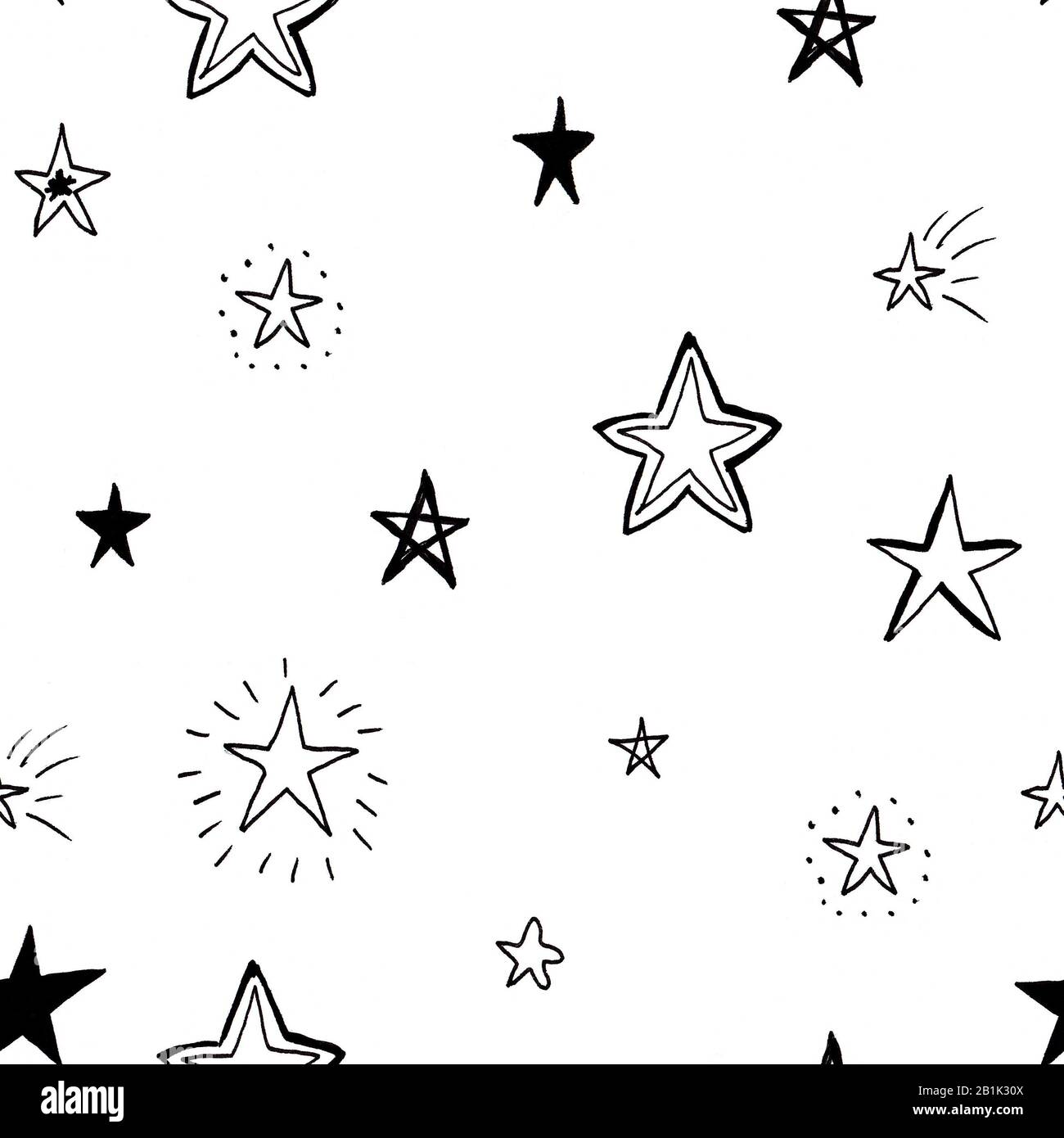 Abstract seamless pattern of hand drawn black doodle stars on white ...