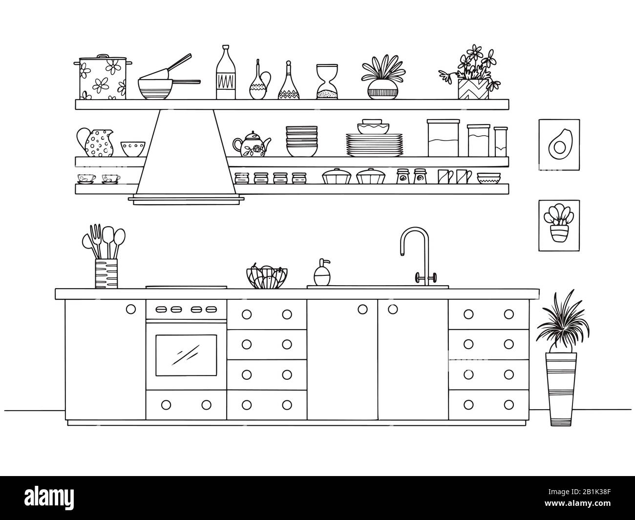 Hand drawn kitchen. Kitchen furniture. Vector illustration in sketch style. Stock Vector