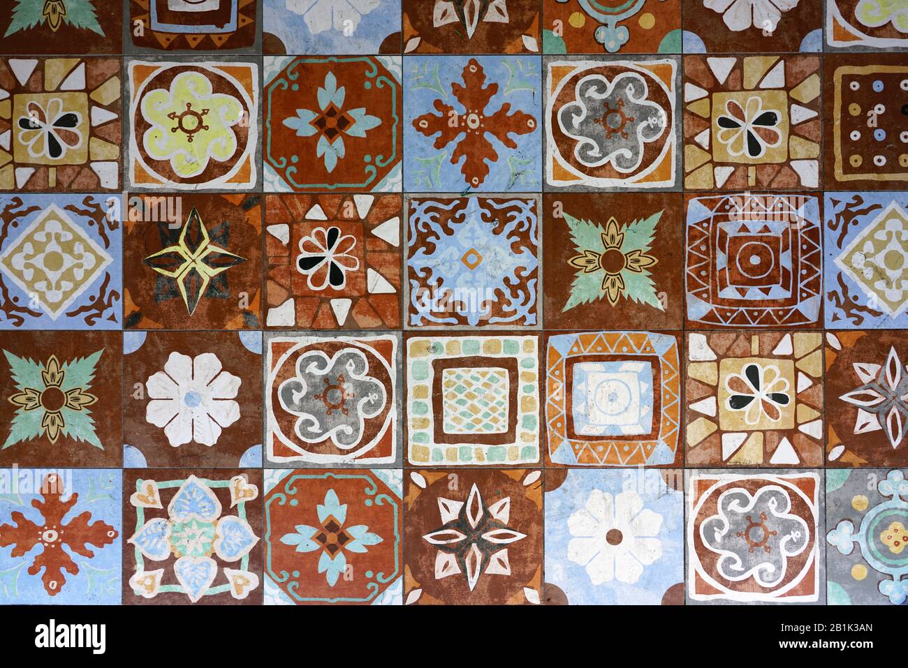 View of colorful Peranakan tiles in historic George Town, Penang 