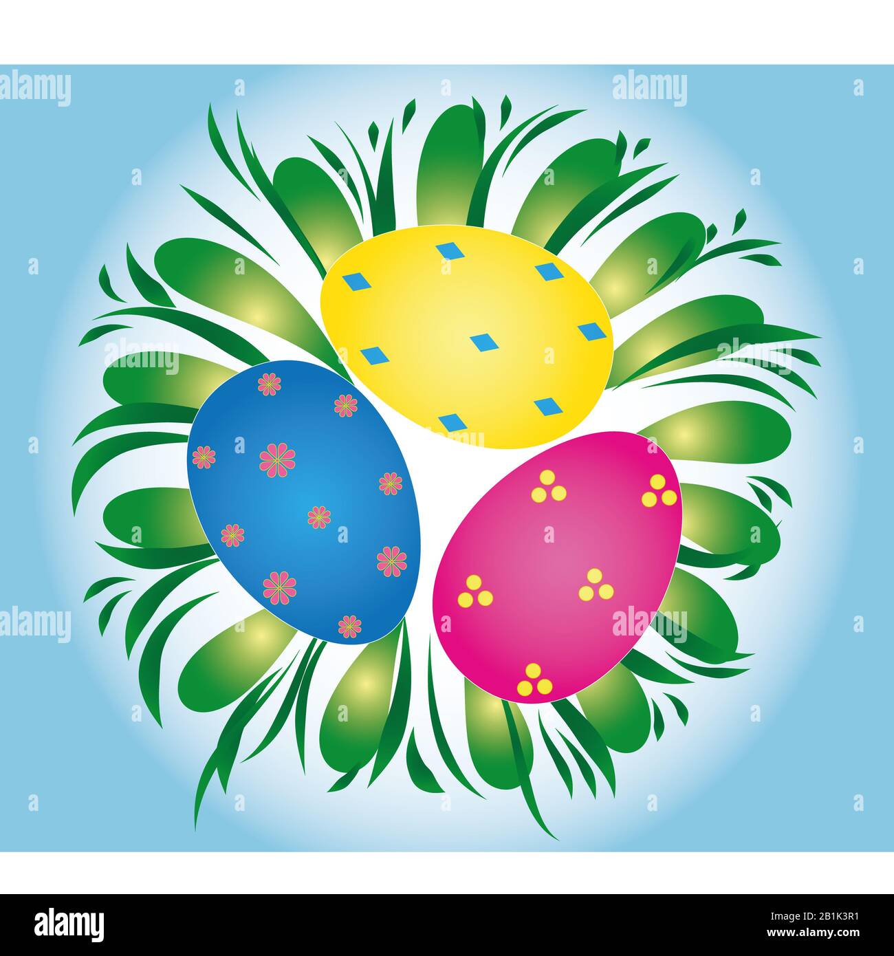 Easter eggs, red yellow blue. Green grass all around. Illustration . Stock Photo