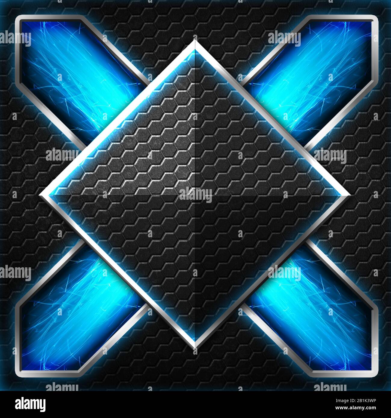 black hexagon x frame on blue and white light. background and texture