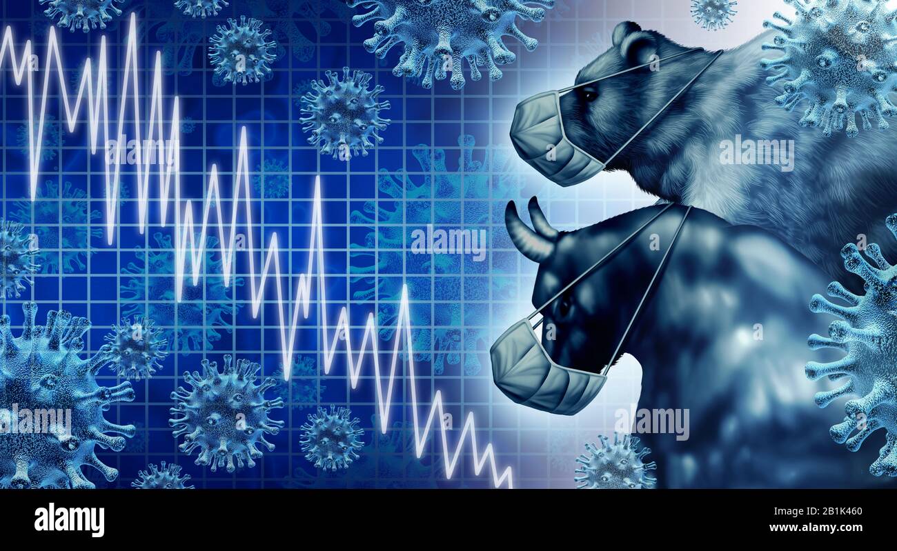 Economic pandemic and coronavirus economy or virus Outbreak and Stock market fear as a bull and bear crisis and sick financial health as a business. Stock Photo