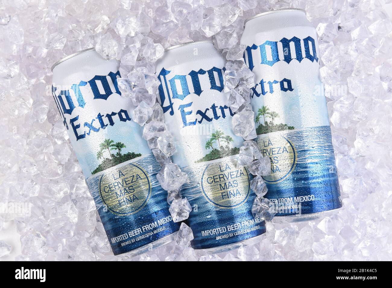 IRVINE, CALIFORNIA - MARCH 29, 2018: Corona Extra beer king cans in ice. Corona is the most popular import in the USA. Stock Photo