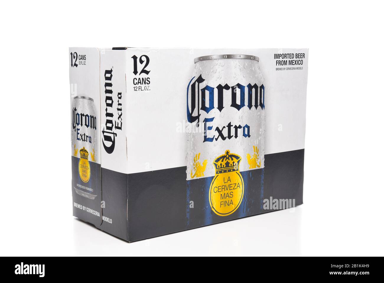 IRVINE, CALIFORNIA - MARCH 21, 2018: 12 pack of Corona Extra Beer Cans. Corona is the most popular imported beer in the USA. Stock Photo