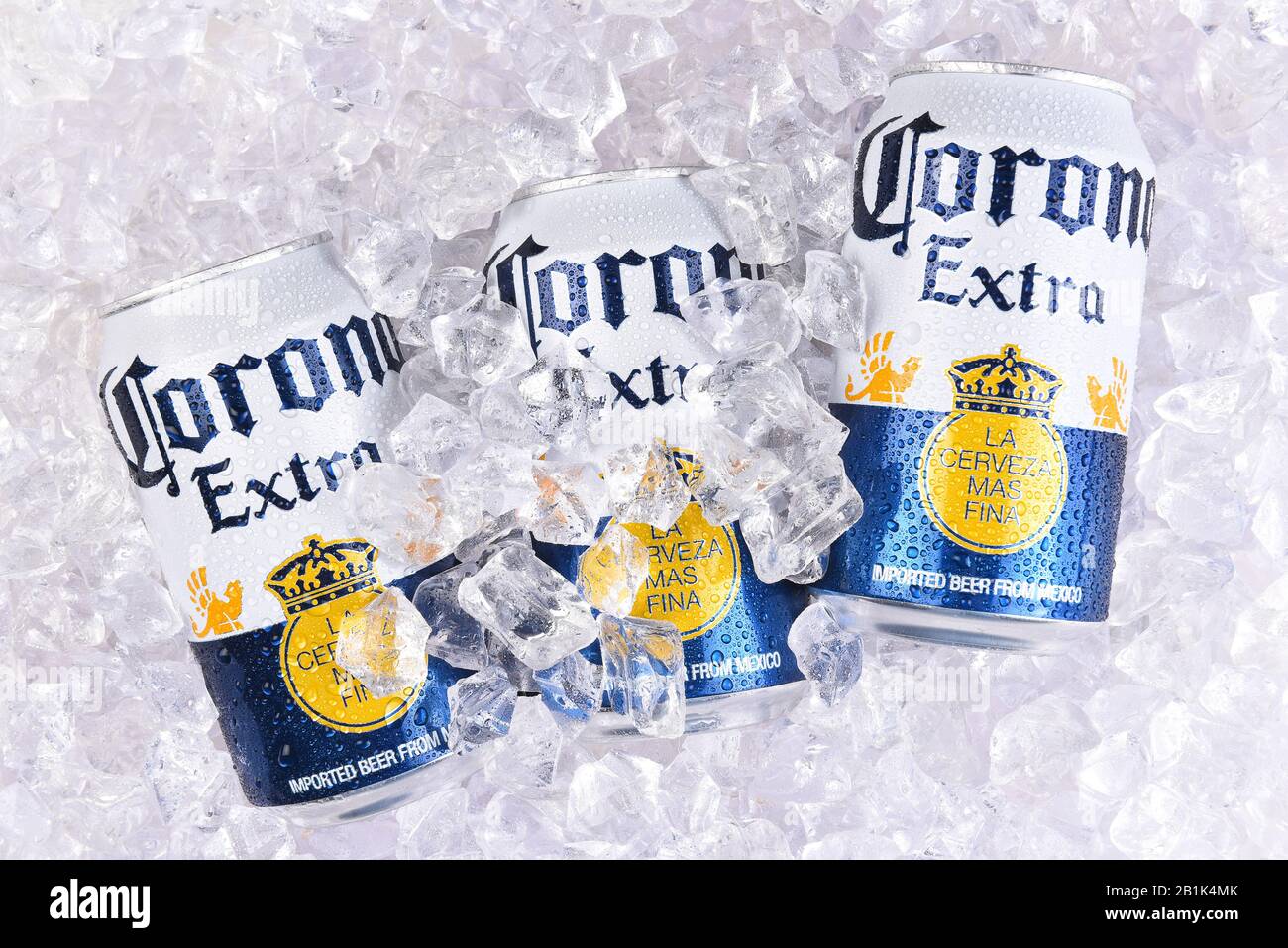 IRVINE, CALIFORNIA - MARCH 29, 2018: Corona Extra beer cans in ice. Corona is the most popular import in the USA. Stock Photo
