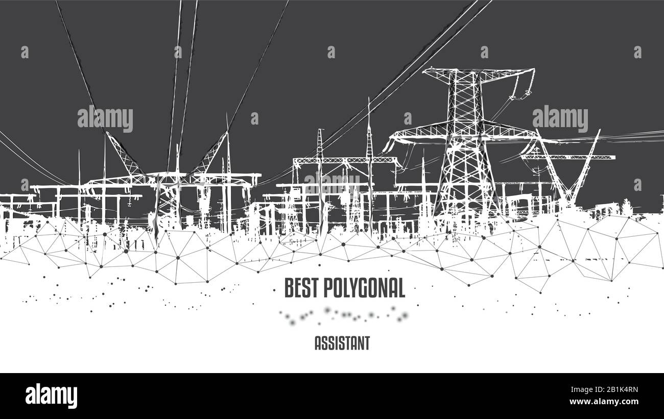 Electric Towers low poly business concept. Finance economy polygonal Production and transportation of electricity.Black-and-white illustration. Low po Stock Vector