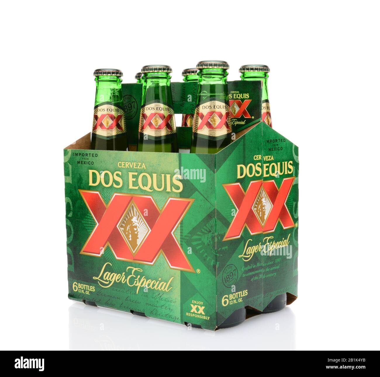 IRVINE, CA - MAY 25, 2014: A three quarters view of a 6 pack of Dos Equis Lager Especial. Founded in 1890 from the Cuauhtemoc-Moctezuma Brewery in Mon Stock Photo