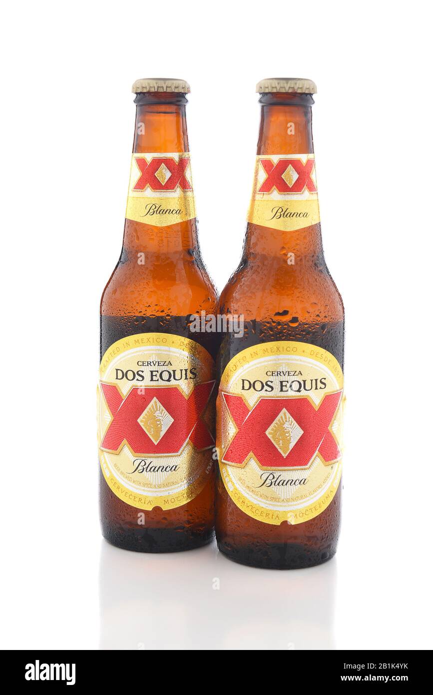 IRVINE, CA - JUNE 14, 2017: Dos Equis Blanca. Two bottles of the wheat beer from Cuauhtemoc-Moctezuma Brewery in Monterrey, Mexico a subsidiary of Hei Stock Photo