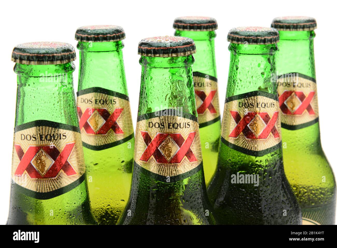 IRVINE, CA - MAY 25, 2014: Closeup of Dos Equis Lager Bottles. Founded in 1890 from the Cuauhtemoc-Moctezuma Brewery in Monterrey, Mexico a subsidary Stock Photo