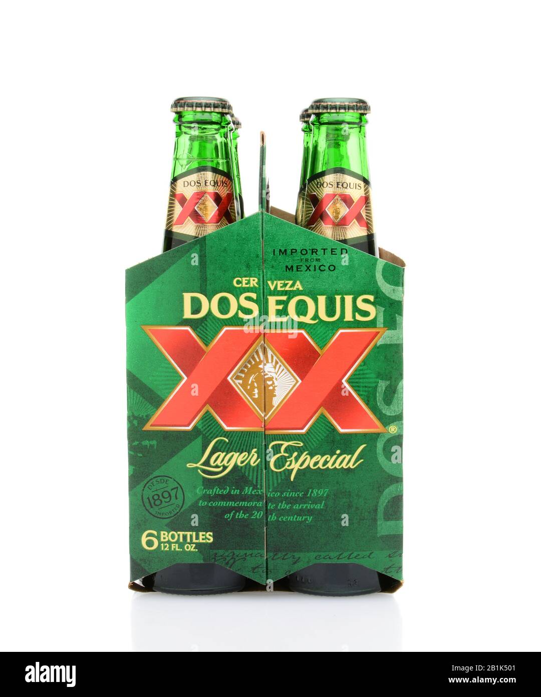 IRVINE, CA - MAY 25, 2014: 6 pack of Dos Equis Lager Especial end view. Founded in 1890 from the Cuauhtemoc-Moctezuma Brewery in Monterrey, Mexico a s Stock Photo