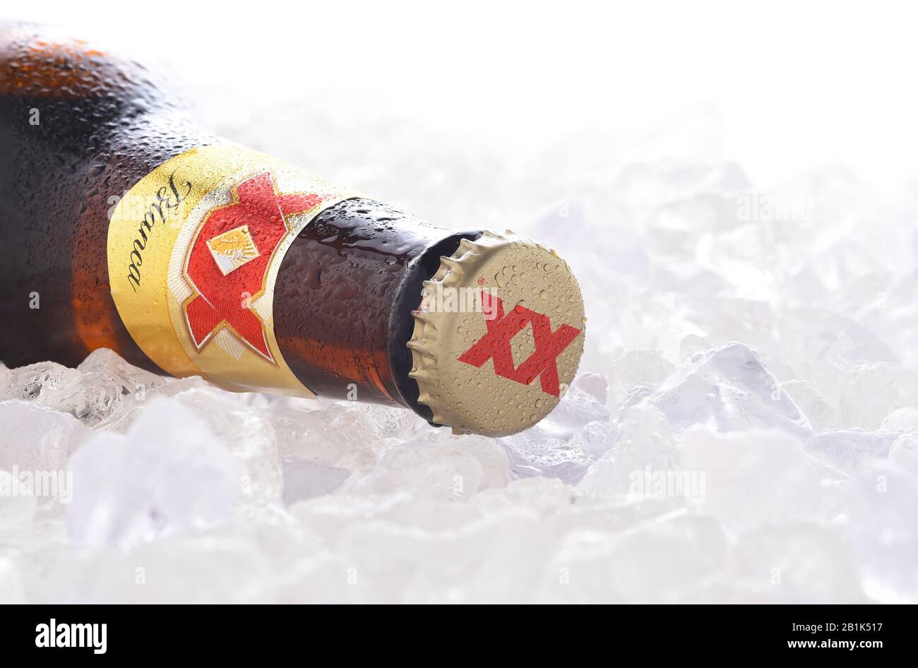 IRVINE, CA - JUNE 14, 2017: Dos Equis Blanca on ice. A single bottle of the wheat beer from Cuauhtemoc-Moctezuma Brewery in Monterrey, Mexico a subsid Stock Photo