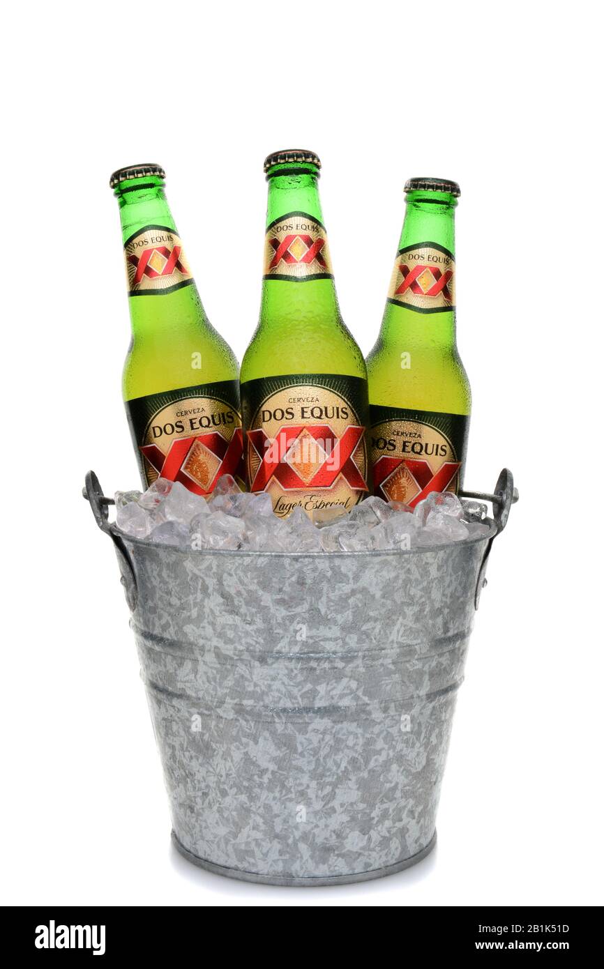 IRVINE, CA - MAY 25, 2014: Three Bottles of Dos Equis Lager Especial in a bucket of ice. Founded in 1890 from the Cuauhtemoc-Moctezuma Brewery in Mont Stock Photo