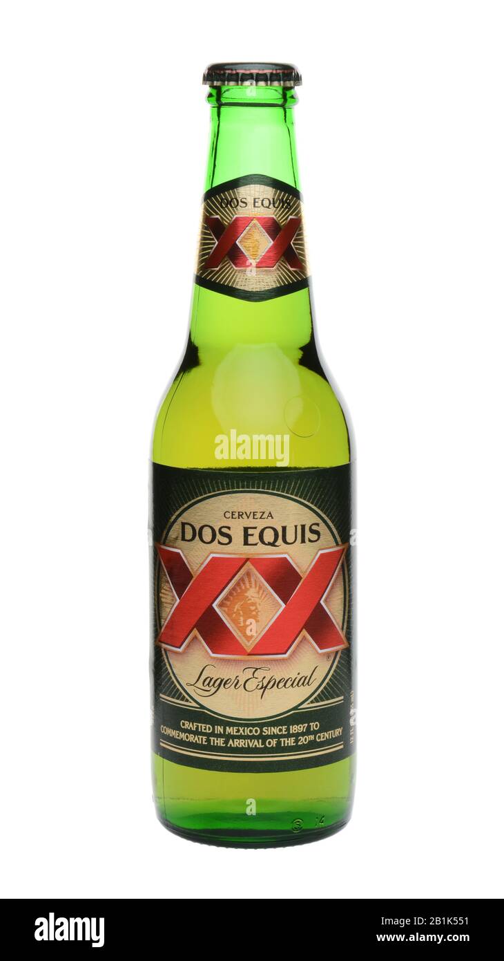 IRVINE, CA - MAY 27, 2014: A single Bottle of Dos Equis Lager Especial on white. Founded in 1890 from the Cuauhtemoc-Moctezuma Brewery in Monterrey, M Stock Photo