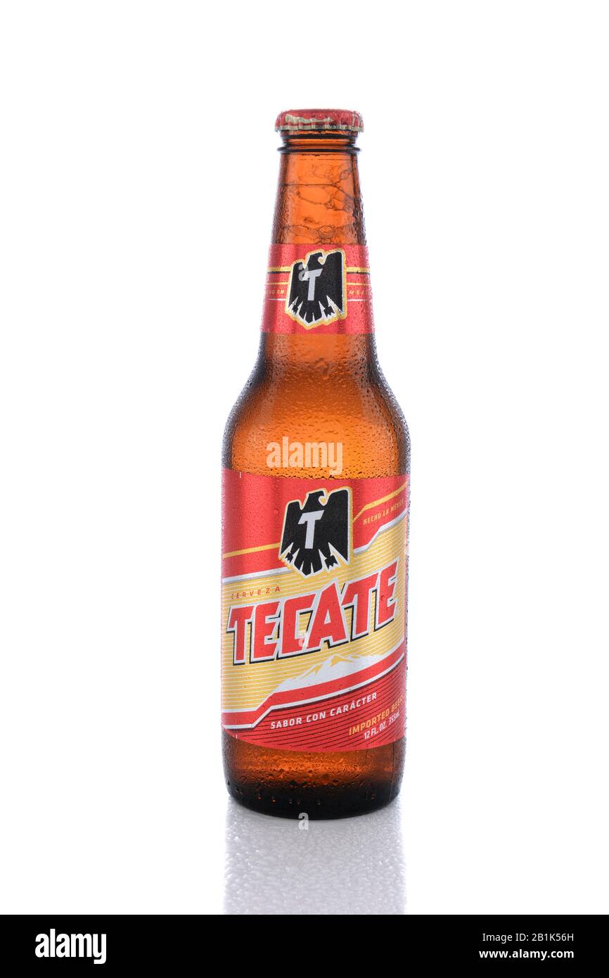 IRVINE, CA - JUNE 14, 2015: Tecate Beer Bottle. A single bottle of Tecate Cerveza, a popular pale lager named after the city of Tecate, Baja Californi Stock Photo