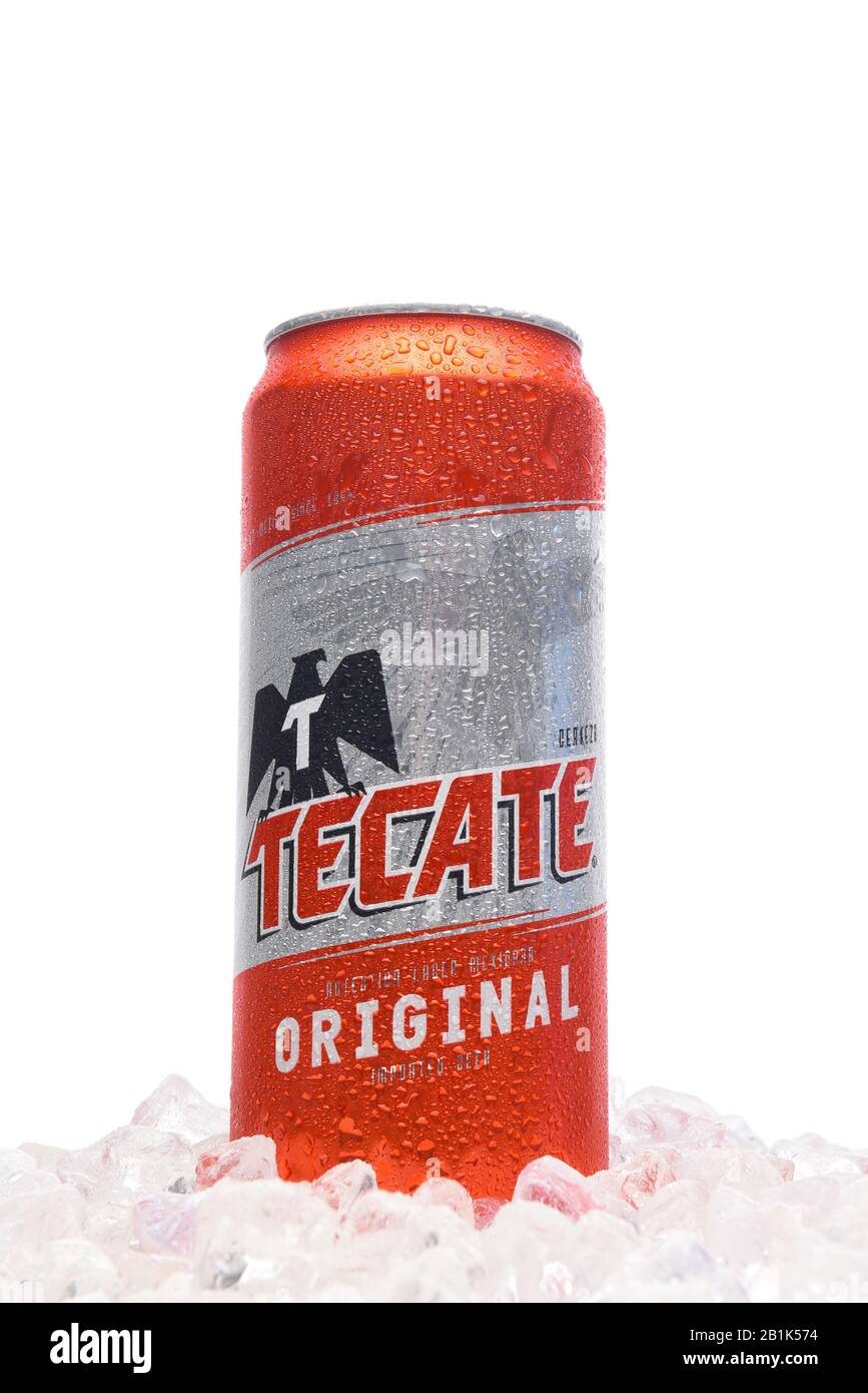 IRVINE, CALIFORNIA - MARCH 21, 2018: Tecate Original Cerveza on ice. Stock Photo