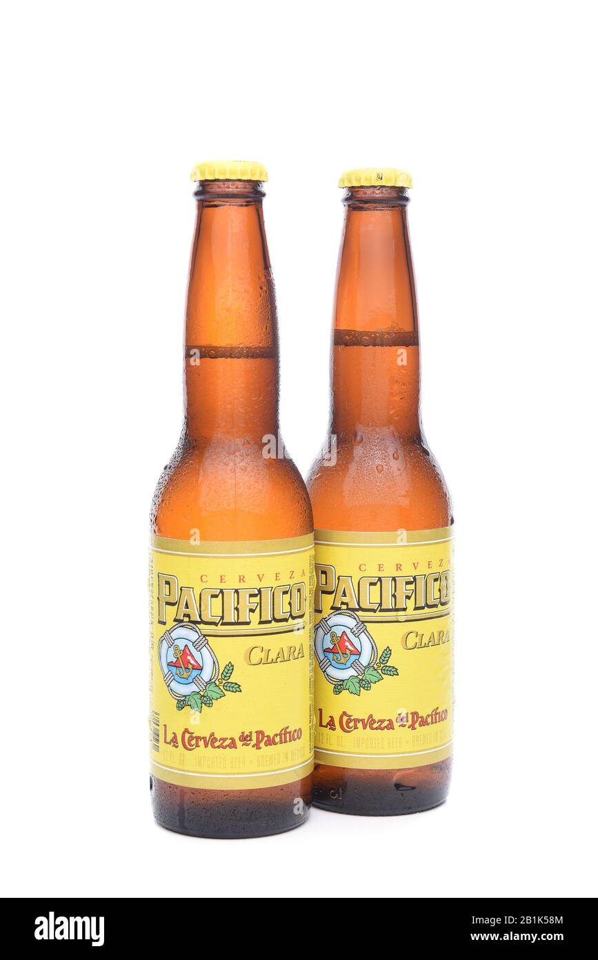 IRVINE, CALIFORNIA - JANUARY 22, 2017: 2 Bottles of Cerveza Pacifico Clara, better known as Pacifico, is a Mexican pilsner-style beer, brewed in in th Stock Photo