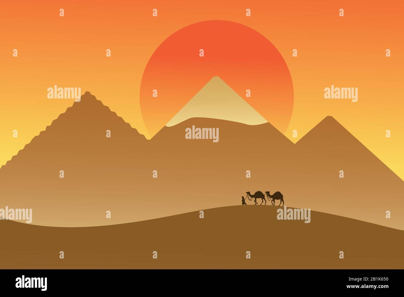 Caravan in desert on background of pyramids and sun. Modern hand drawn vector illustration, Flat style. Bedouin walking with two camels in desert, and Stock Vector
