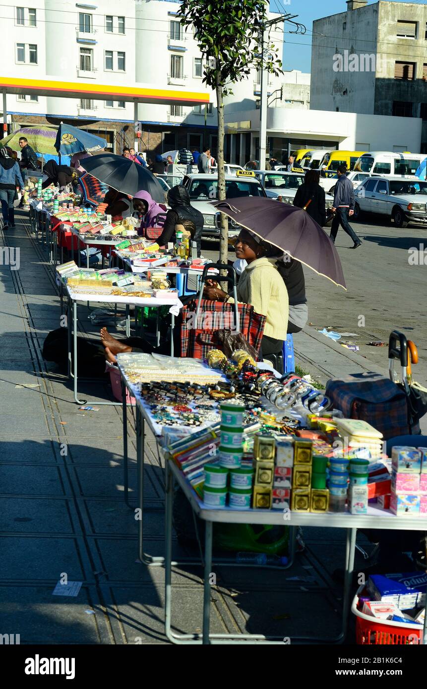 Rabat, Morocco - November 18th 2014: Unidentified people on street maket only for sub-Saharan Africans, Stock Photo