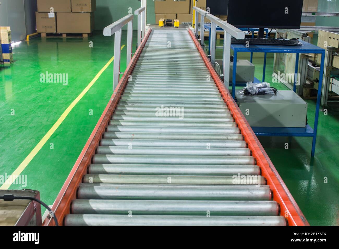 roller conveyor, Production line conveyor roller transportation objects. Stock Photo
