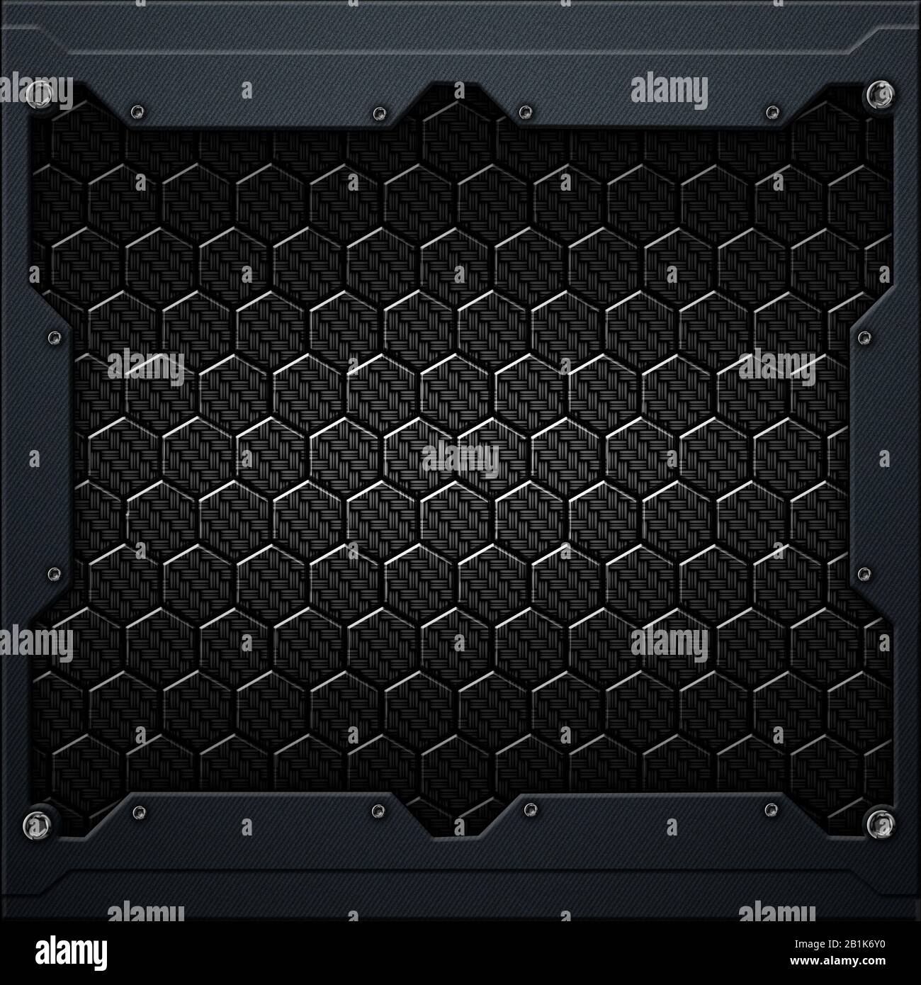 black hexagon carbon fiber in dark gray metal frame. 3d illustration