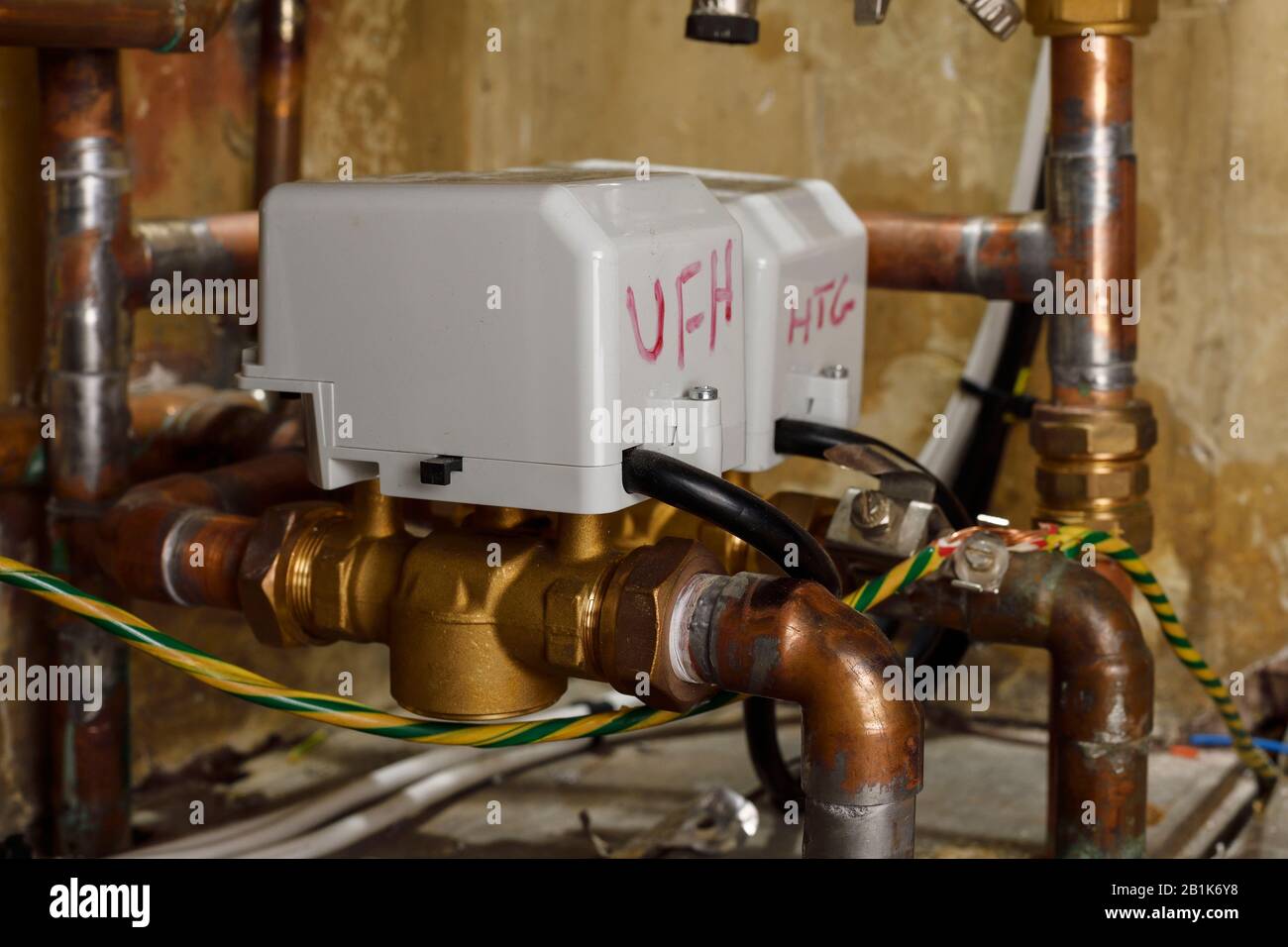 Two motorised valves for a UK domestic central heating system Stock